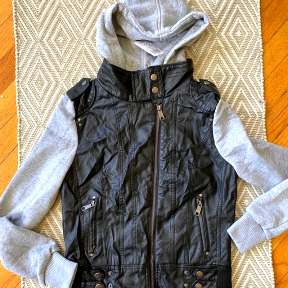 Windsor Youth biker black faux leather fleece hoodie sleeves casual jacket